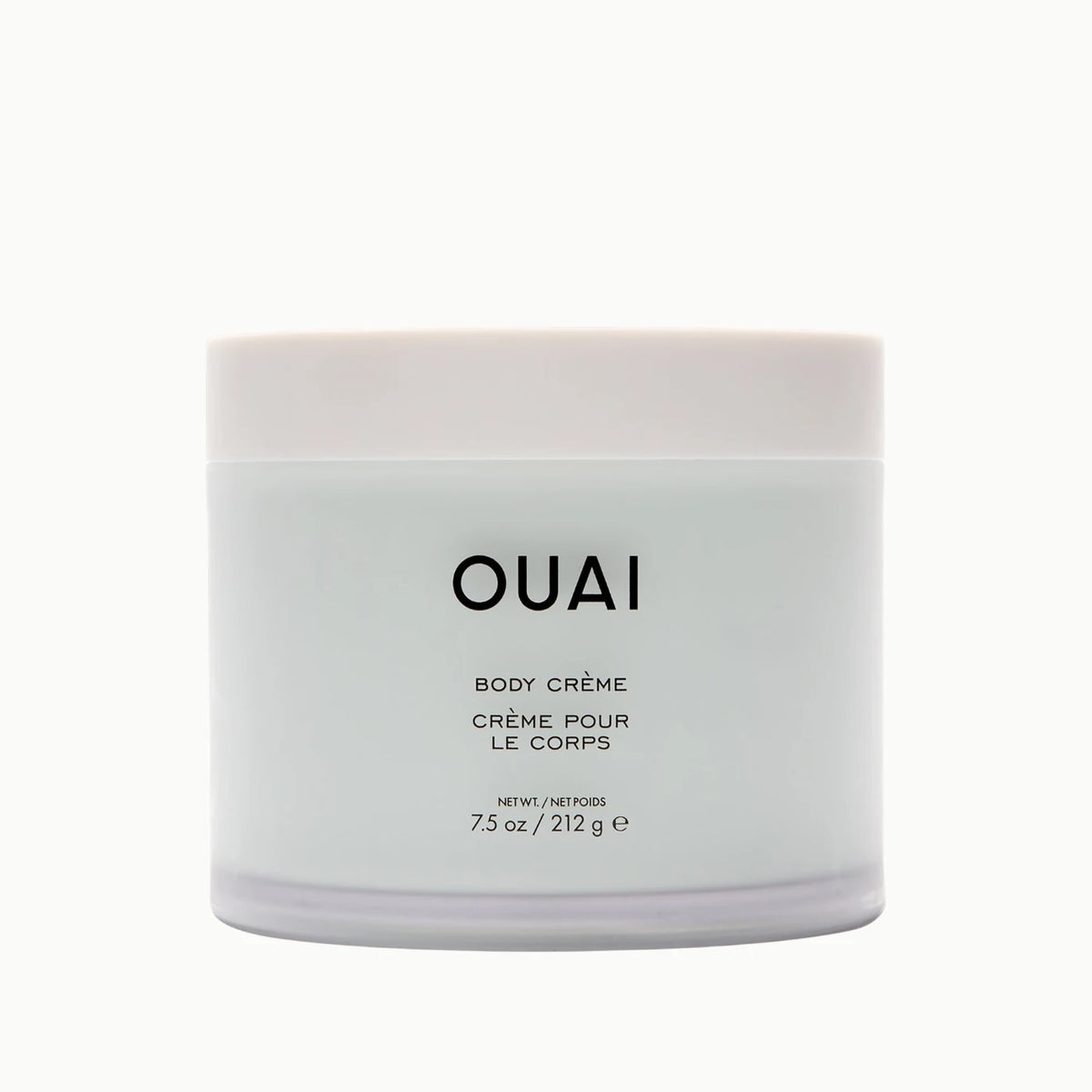 OUAI Body Crème in a white cylindrical jar with a matching lid, featuring black text on the front, set against a plain white background.
