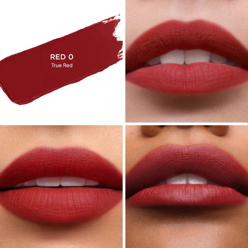 Lipstick shade 'RED 0 True Red' shown on lips with close-up swatch.